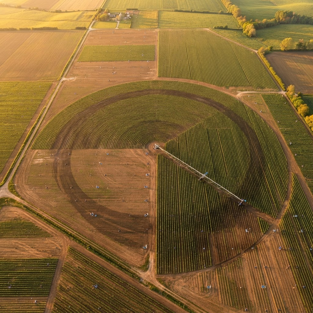 Aerial view of a precision-farmed field with sensors and irrigation grid